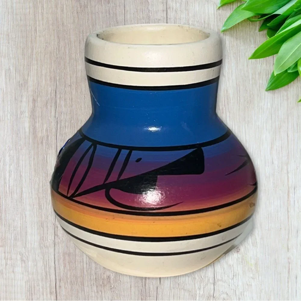 Vintage Signed Indian Colorful Rainbow Sunset Clay Art Jar
